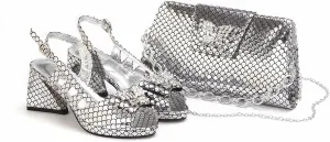 Womens Italian Inspired Crystal Decorated Wedding Shoes and Shoulder Bag Set Pointed Toe High Heels for Bride