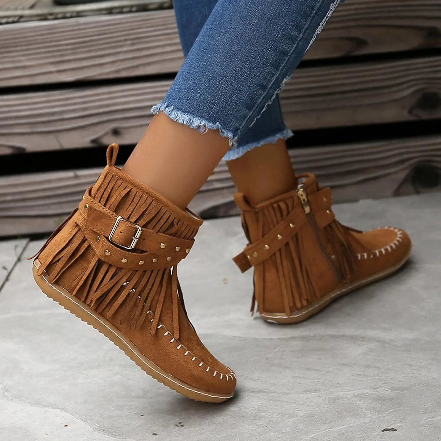 Women's Moccasins Ankle Boots Retro Suede Fringe Booties Tassel Crisscross Studded Strappy Non-Slip Fall Winter Casual Fashion Boots