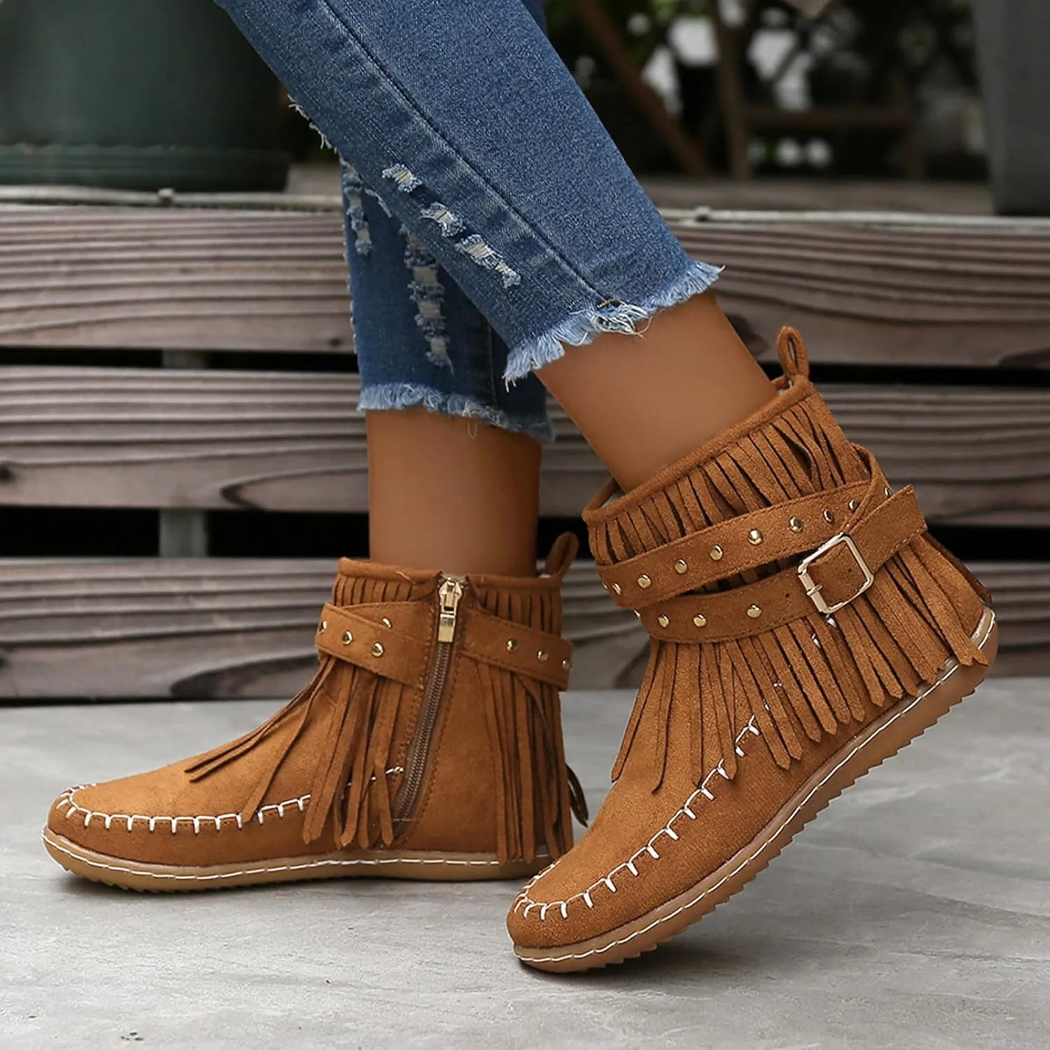 Women's Moccasins Ankle Boots Retro Suede Fringe Booties Tassel Crisscross Studded Strappy Non-Slip Fall Winter Casual Fashion Boots