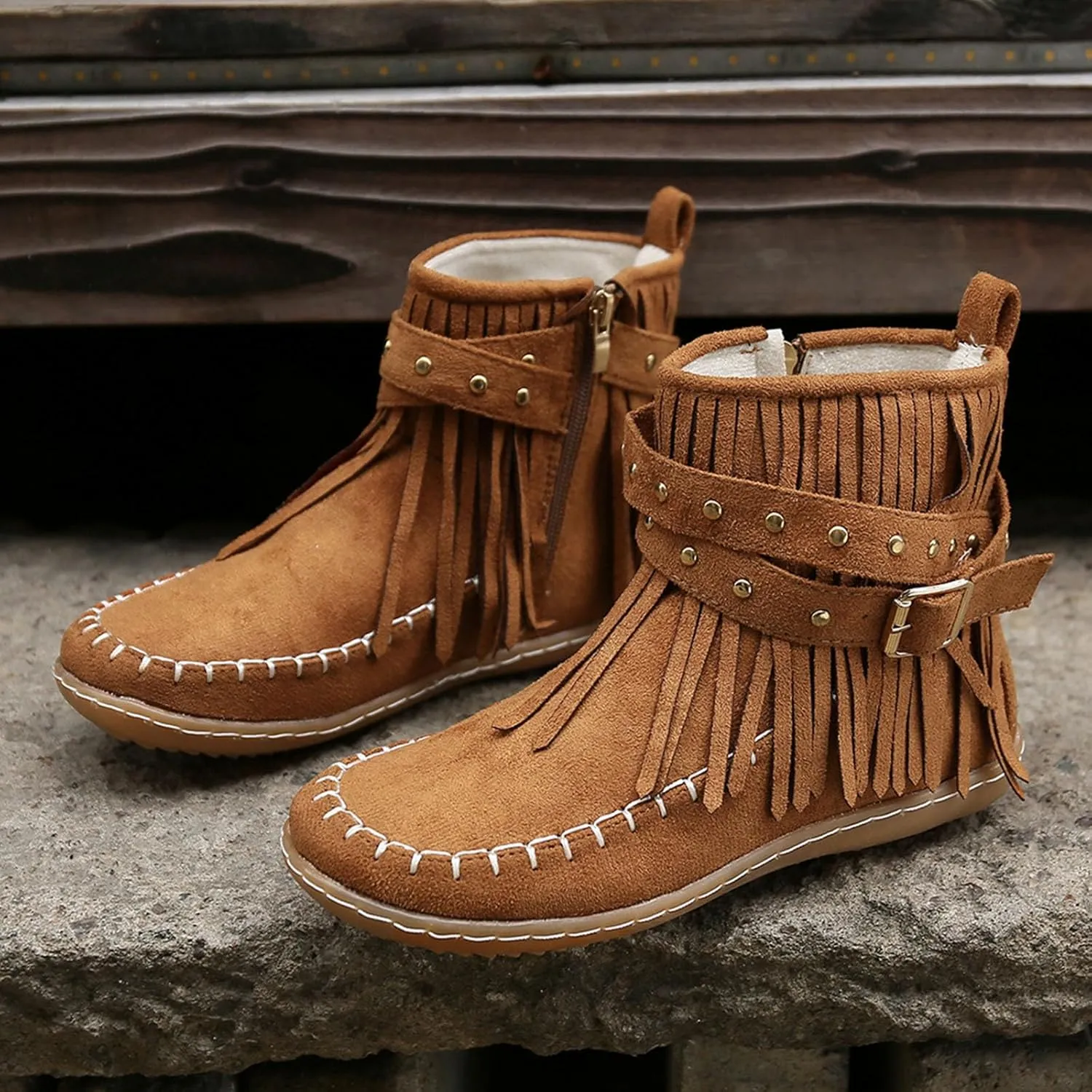 Women's Moccasins Ankle Boots Retro Suede Fringe Booties Tassel Crisscross Studded Strappy Non-Slip Fall Winter Casual Fashion Boots