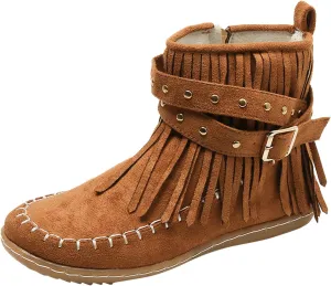 Women's Moccasins Ankle Boots Retro Suede Fringe Booties Tassel Crisscross Studded Strappy Non-Slip Fall Winter Casual Fashion Boots