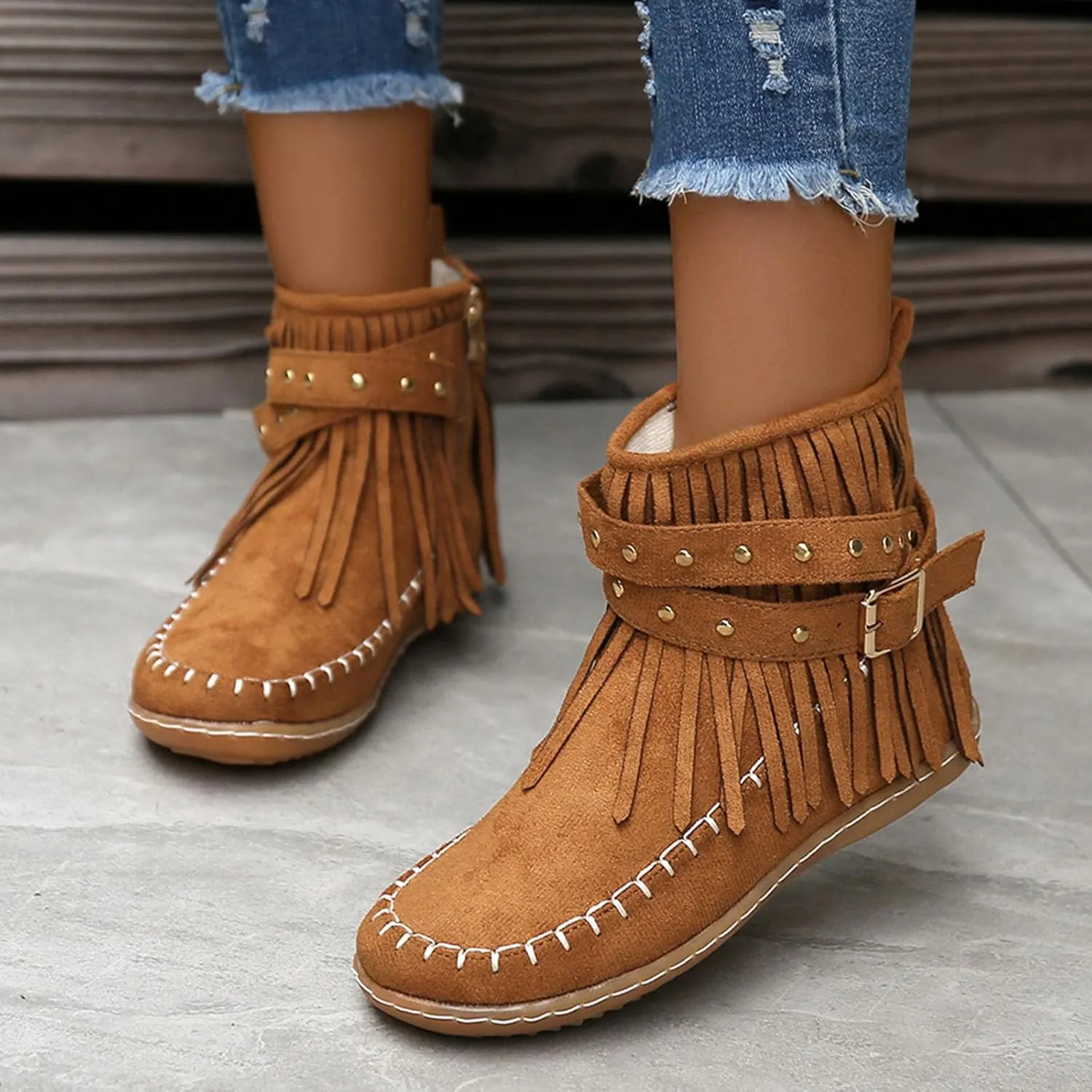 Women's Moccasins Ankle Boots Retro Suede Fringe Booties Tassel Crisscross Studded Strappy Non-Slip Fall Winter Casual Fashion Boots