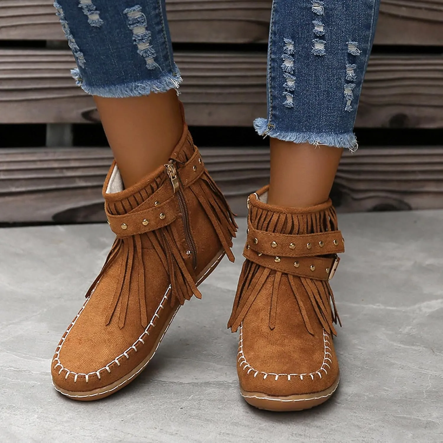 Women's Moccasins Ankle Boots Retro Suede Fringe Booties Tassel Crisscross Studded Strappy Non-Slip Fall Winter Casual Fashion Boots