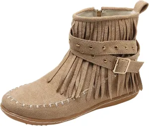 Womens Moccasins Fringe Ankle Boots Retro Tassel Fall Boots Fashion Suede Dress Boots Western Flat Heel Cowboy Boots