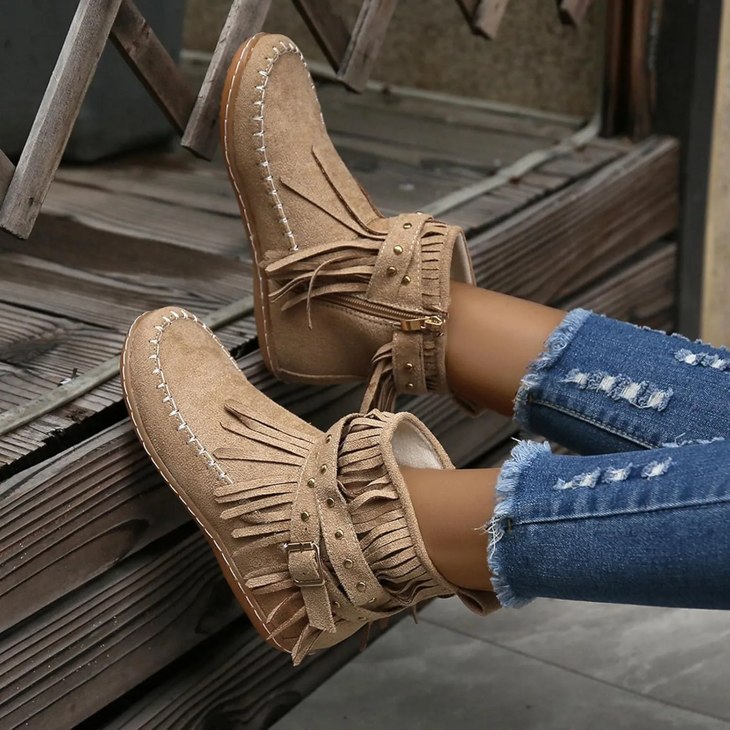 Womens Moccasins Fringe Ankle Boots Retro Tassel Fall Boots Fashion Suede Dress Boots Western Flat Heel Cowboy Boots