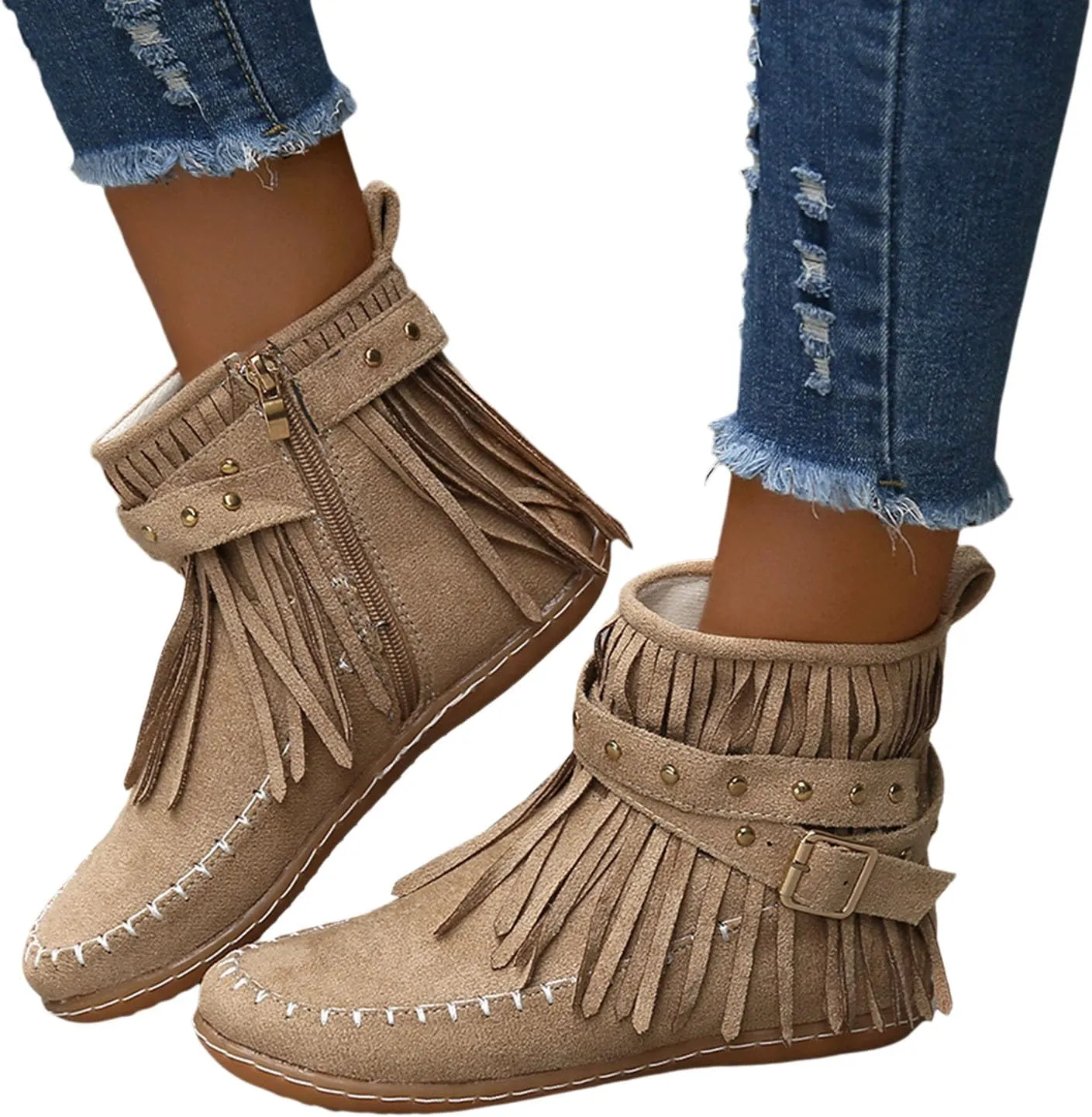 Womens Moccasins Fringe Ankle Boots Retro Tassel Fall Boots Fashion Suede Dress Boots Western Flat Heel Cowboy Boots