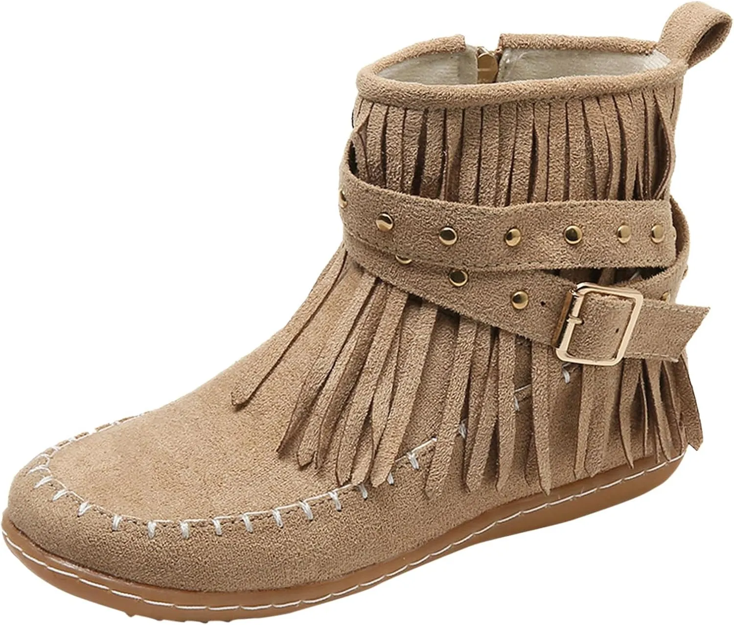 Womens Moccasins Fringe Ankle Boots Retro Tassel Fall Boots Fashion Suede Dress Boots Western Flat Heel Cowboy Boots