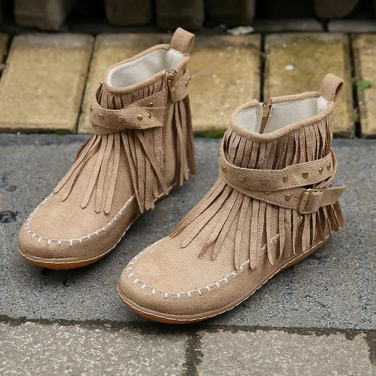 Womens Moccasins Fringe Ankle Boots Retro Tassel Fall Boots Fashion Suede Dress Boots Western Flat Heel Cowboy Boots