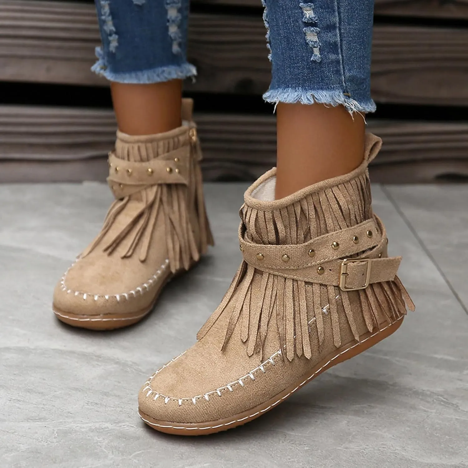 Womens Moccasins Fringe Ankle Boots Retro Tassel Fall Boots Fashion Suede Dress Boots Western Flat Heel Cowboy Boots