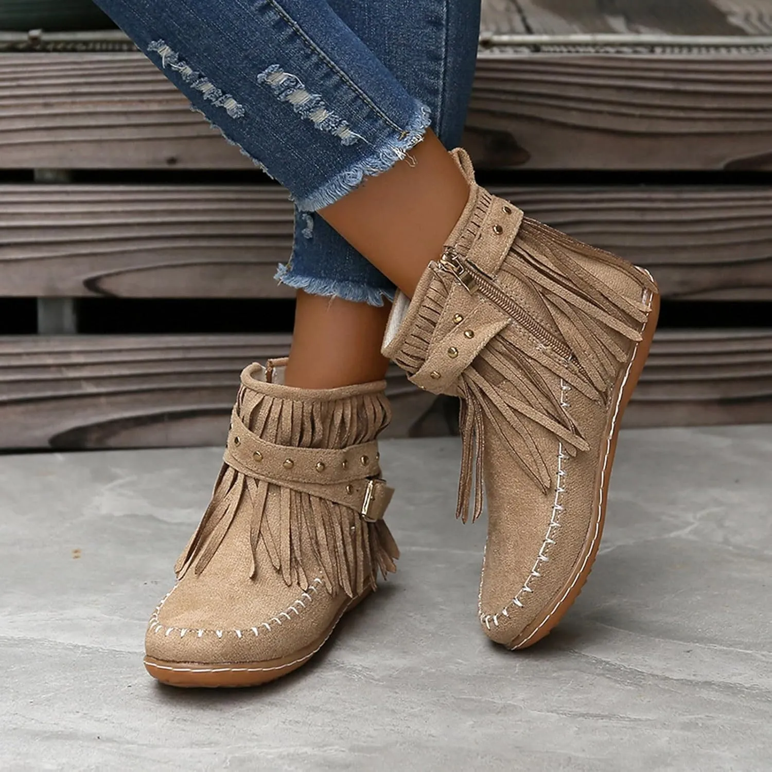 Womens Moccasins Fringe Ankle Boots Retro Tassel Fall Boots Fashion Suede Dress Boots Western Flat Heel Cowboy Boots