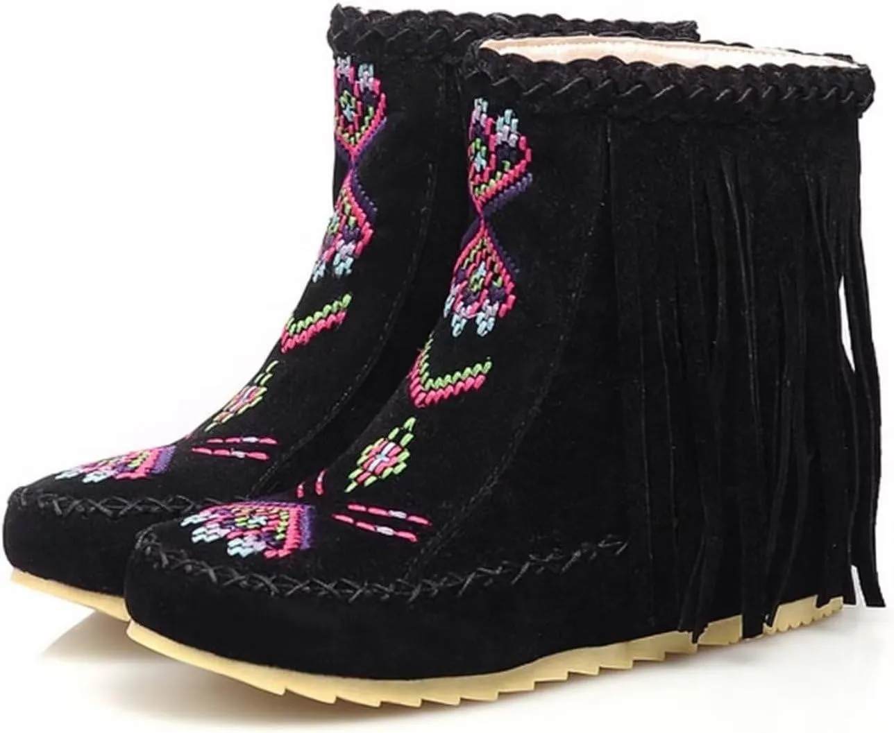 Women's Retro Fringe Moccasin Boots Low Heel Ankle Boots Slip On Comfy Warm Classic Booties