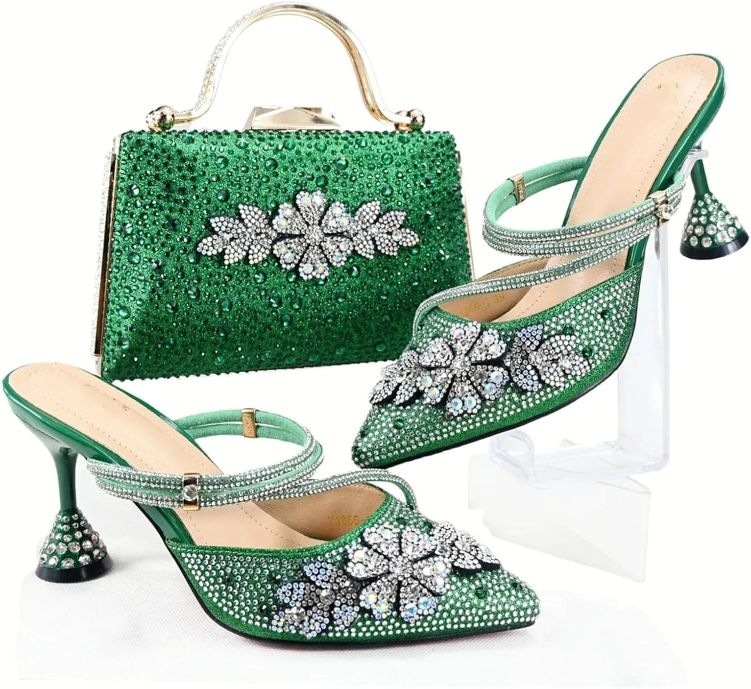 Women’s Sparkly Rhinestone Decorated Party Shoes and Purse Combo Italian Design High Heels for Special
