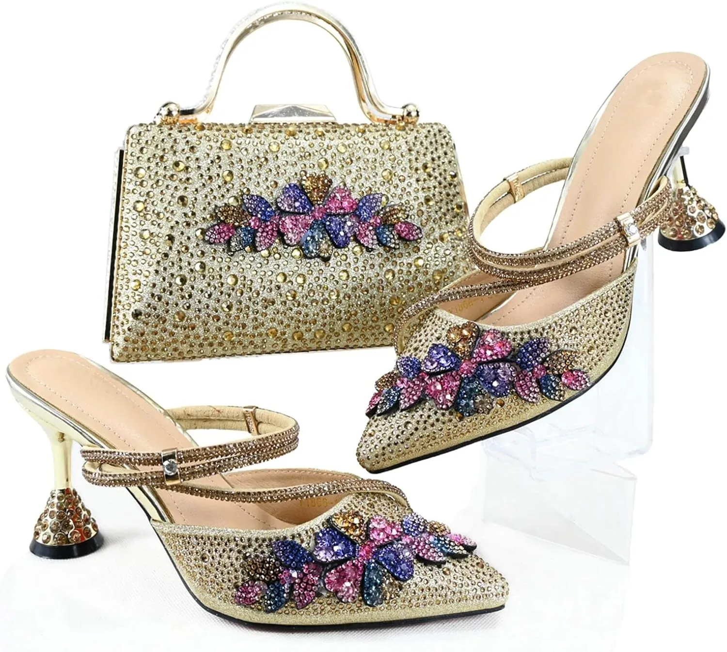 Women’s Sparkly Rhinestone Decorated Party Shoes and Purse Combo Italian Design High Heels for Special