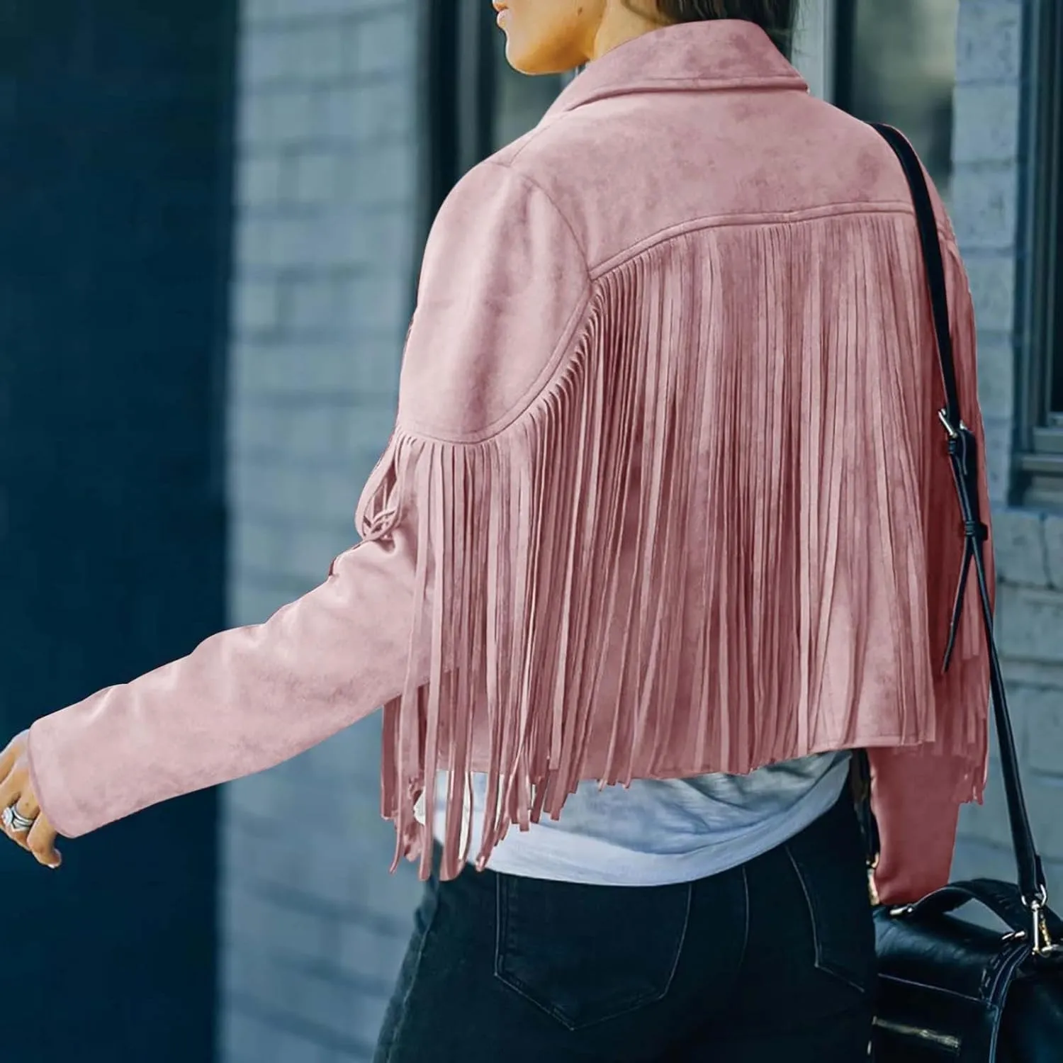 Women's Suede Fringe Jacket Trendy Long Sleeve Leather Coat Fashion Cropped Jacket Western Outfits with Tassel