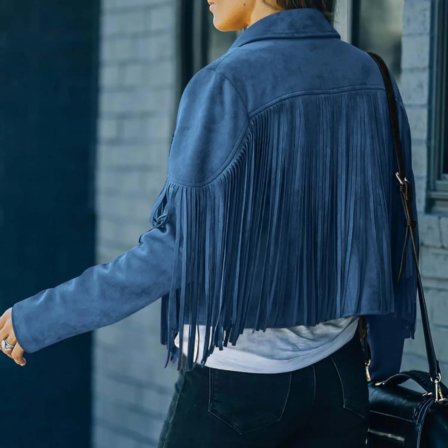 Women's Suede Fringe Jacket Trendy Long Sleeve Leather Coat Fashion Cropped Jacket Western Outfits with Tassel