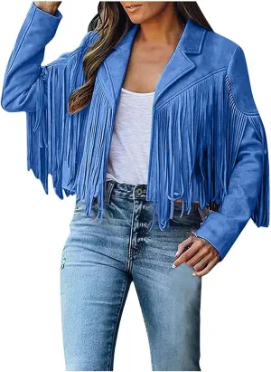Women's Suede Fringe Jacket Trendy Long Sleeve Leather Coat Fashion Cropped Jacket Western Outfits with Tassel