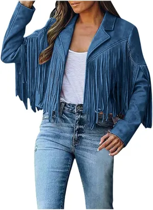 Women's Suede Fringe Jacket Trendy Long Sleeve Leather Coat Fashion Cropped Jacket Western Outfits with Tassel