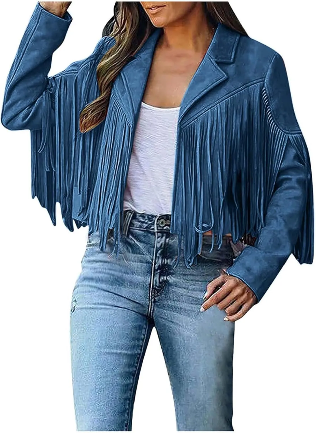 Women's Suede Fringe Jacket Trendy Long Sleeve Leather Coat Fashion Cropped Jacket Western Outfits with Tassel