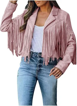Women's Suede Fringe Jacket Trendy Long Sleeve Leather Coat Fashion Cropped Jacket Western Outfits with Tassel