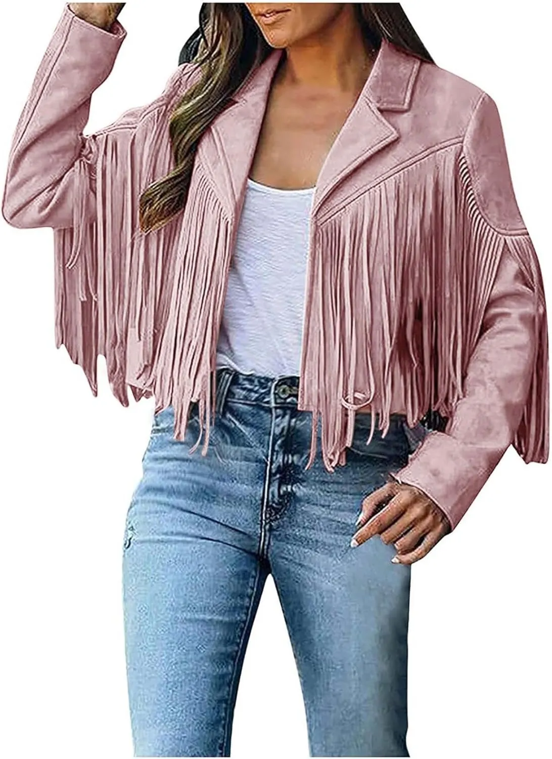 Women's Suede Fringe Jacket Trendy Long Sleeve Leather Coat Fashion Cropped Jacket Western Outfits with Tassel