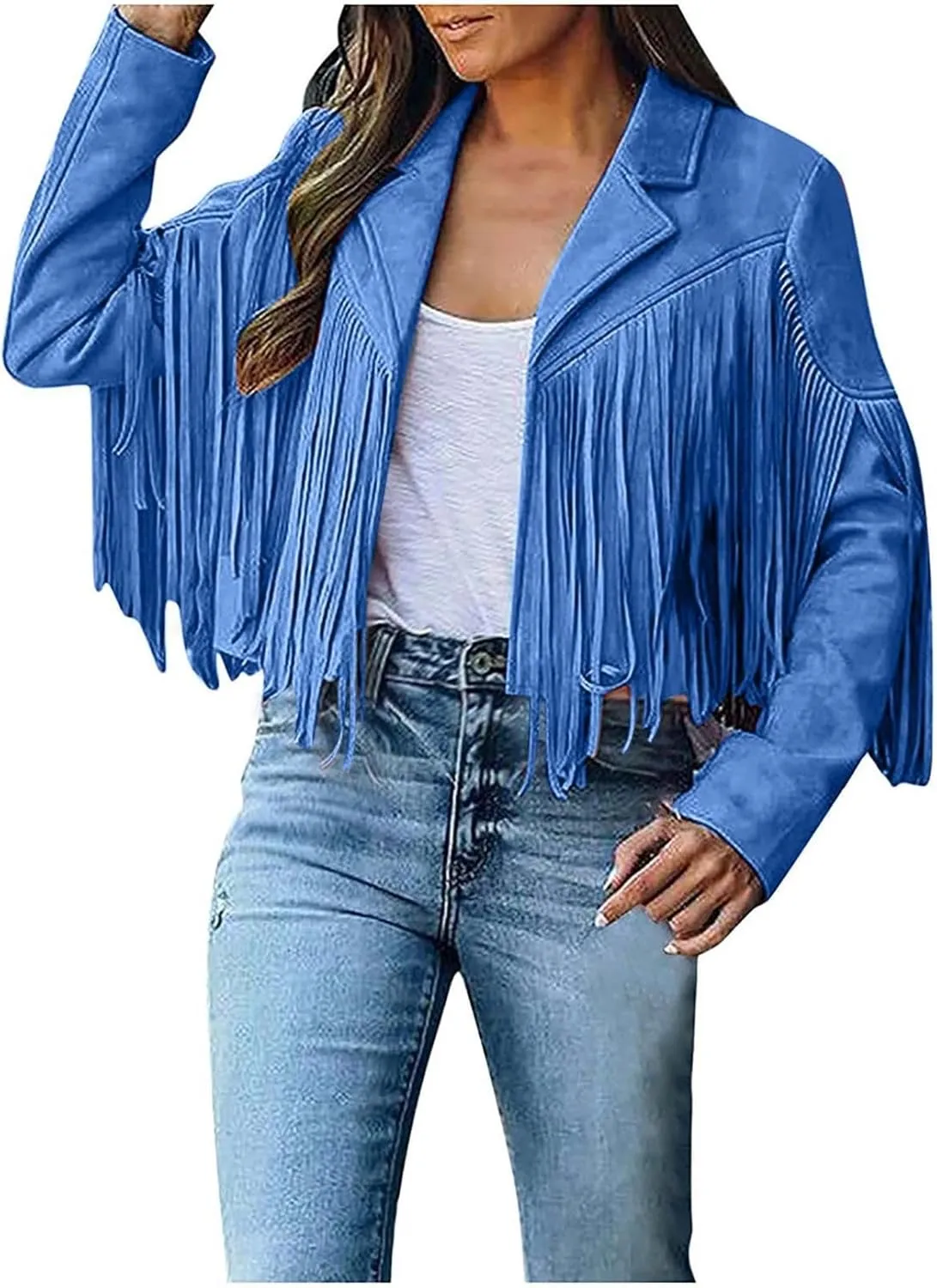 Women's Suede Fringe Jacket Trendy Long Sleeve Leather Coat Fashion Cropped Jacket Western Outfits with Tassel