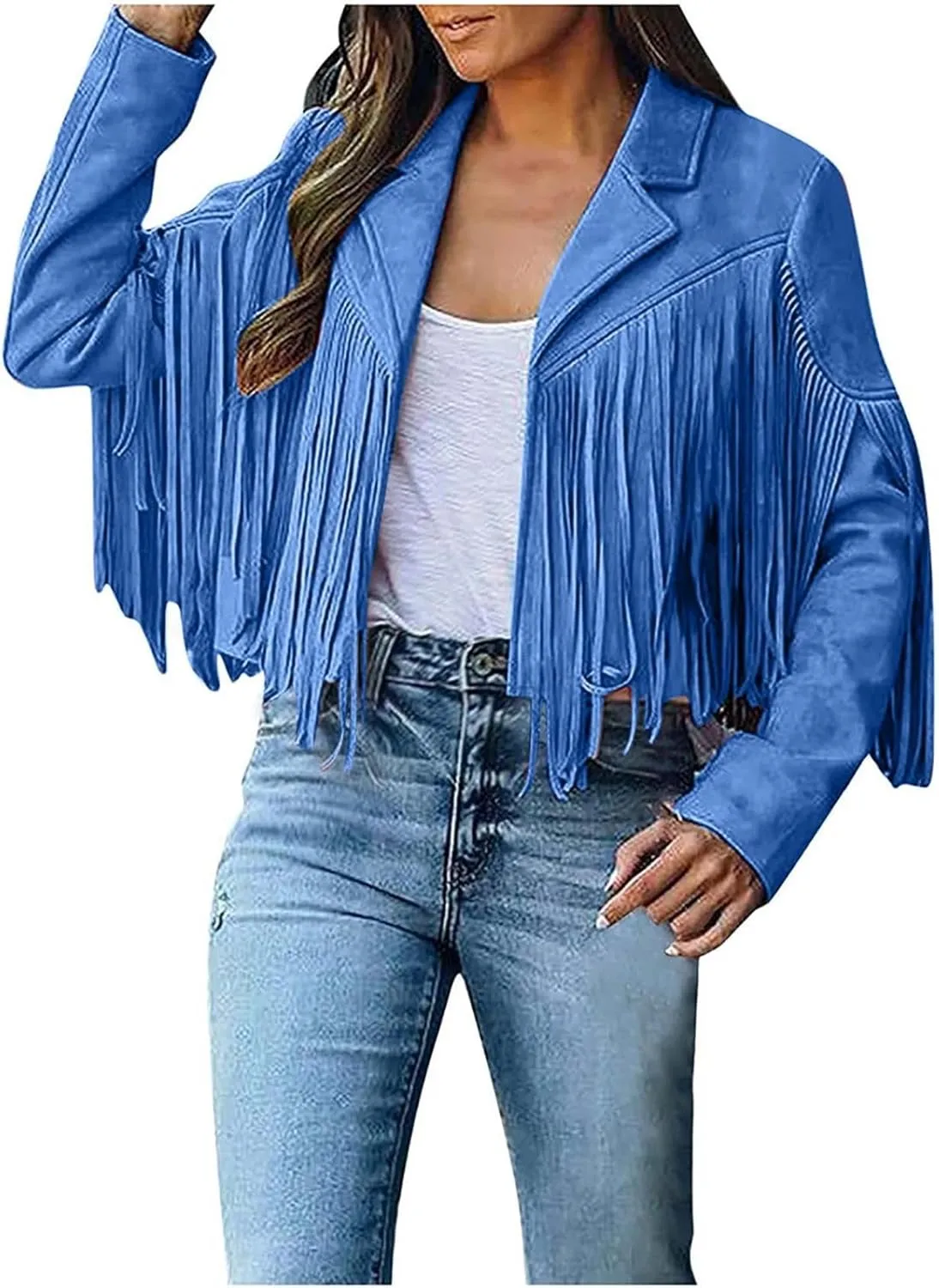 Women's Suede Fringe Jacket Trendy Long Sleeve Leather Coat Fashion Cropped Jacket Western Outfits with Tassel