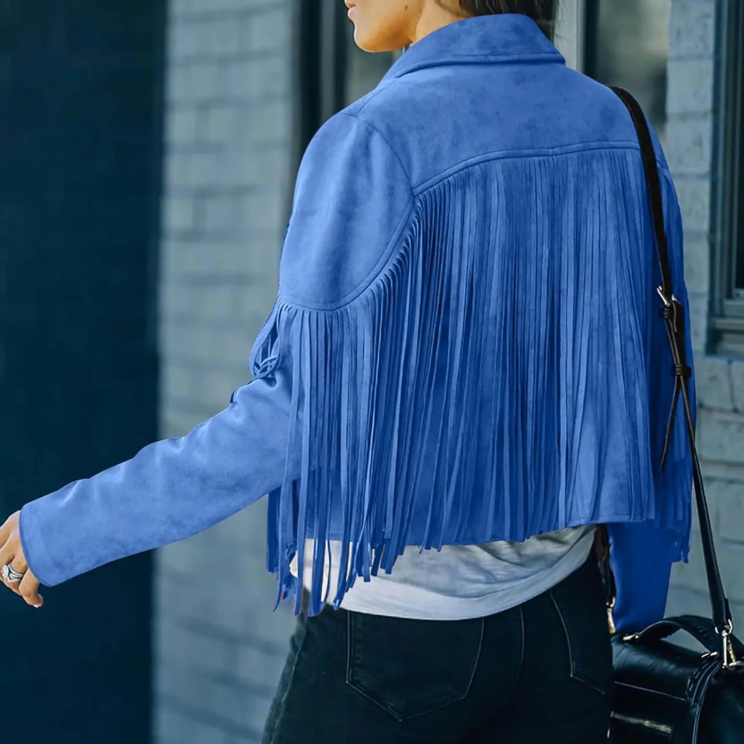 Women's Suede Fringe Jacket Trendy Long Sleeve Leather Coat Fashion Cropped Jacket Western Outfits with Tassel