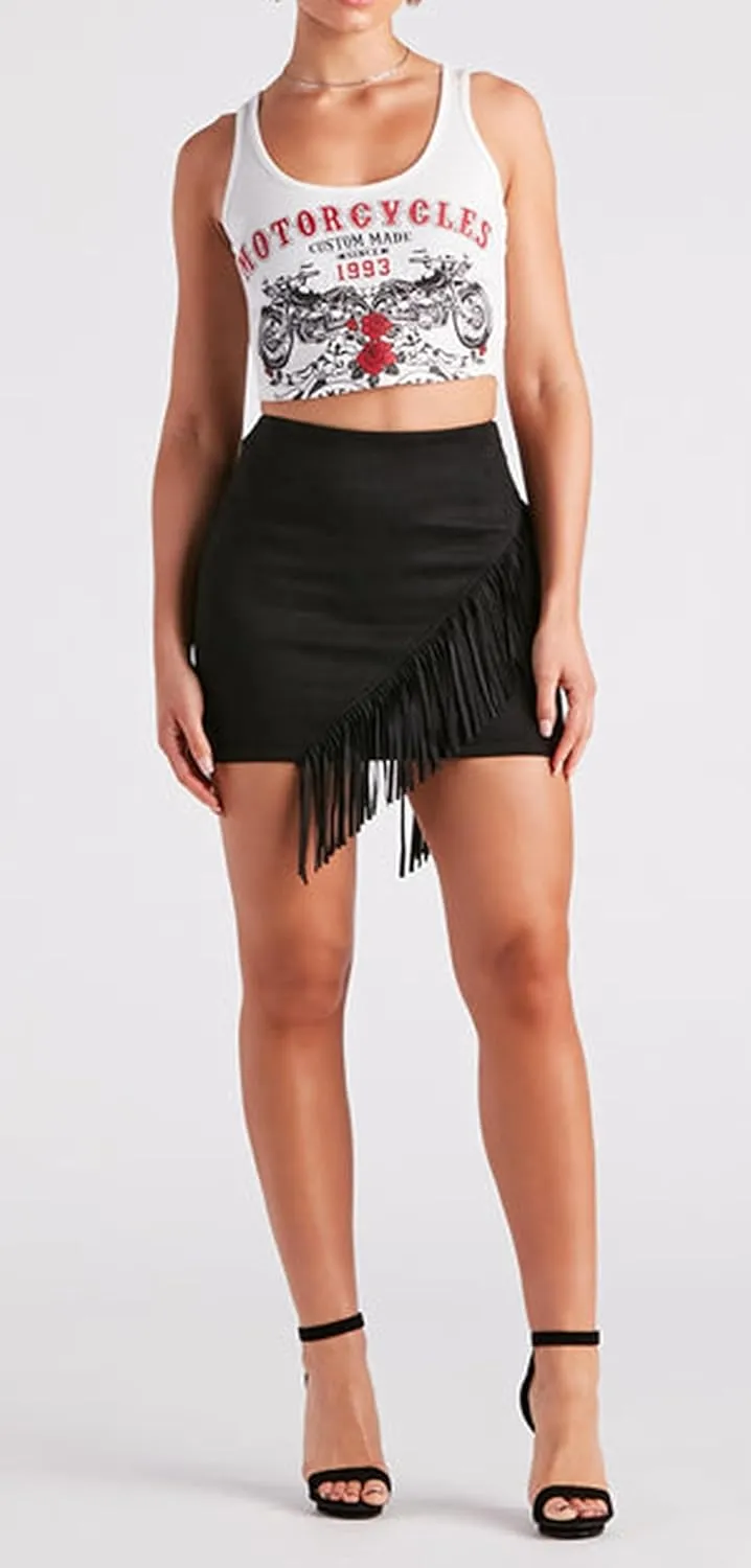 Women's Suede Skirt High-Rise Waist Cowgirl-Chic Fringe Stretch Bodycon Mini Skirts