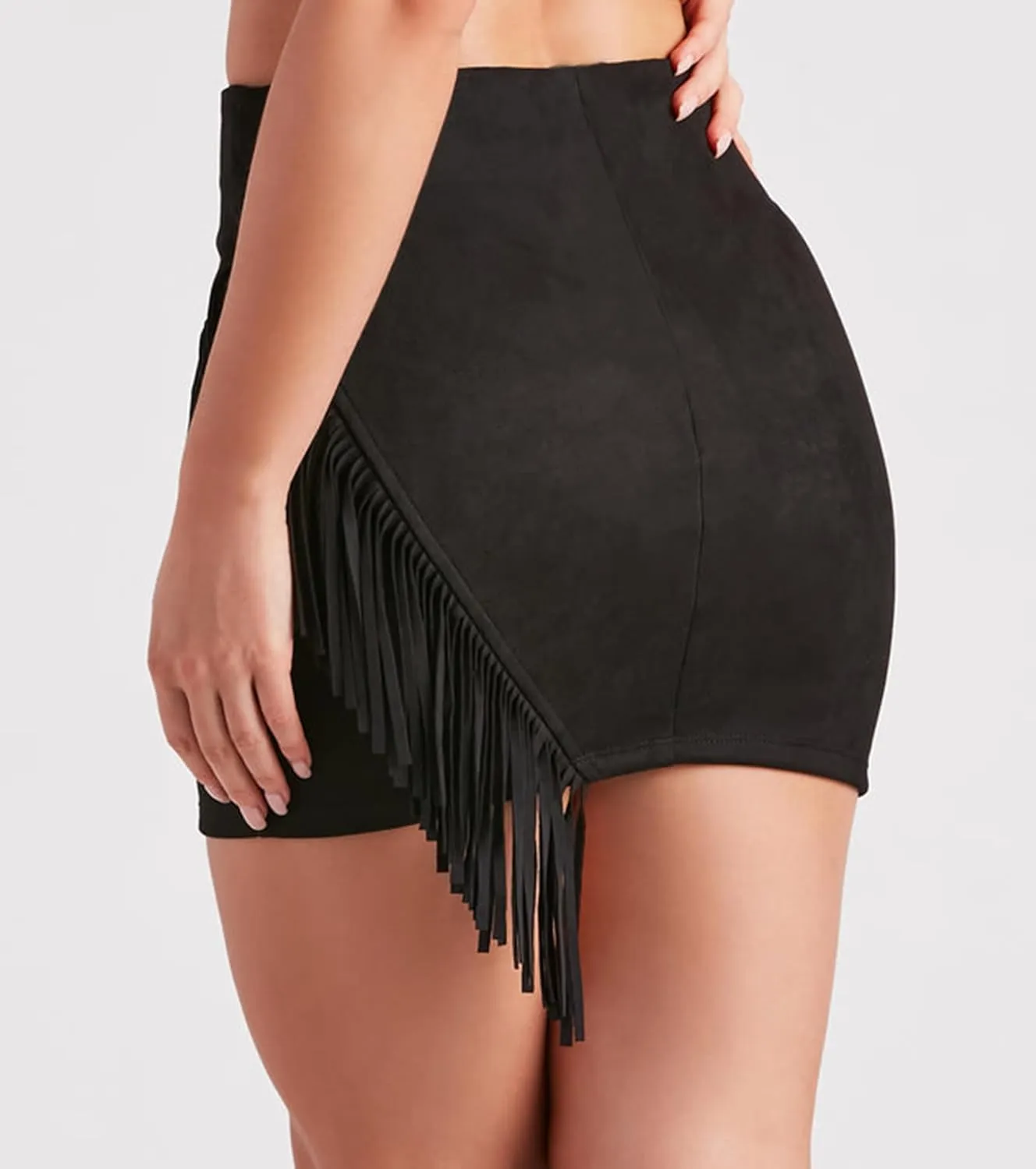 Women's Suede Skirt High-Rise Waist Cowgirl-Chic Fringe Stretch Bodycon Mini Skirts