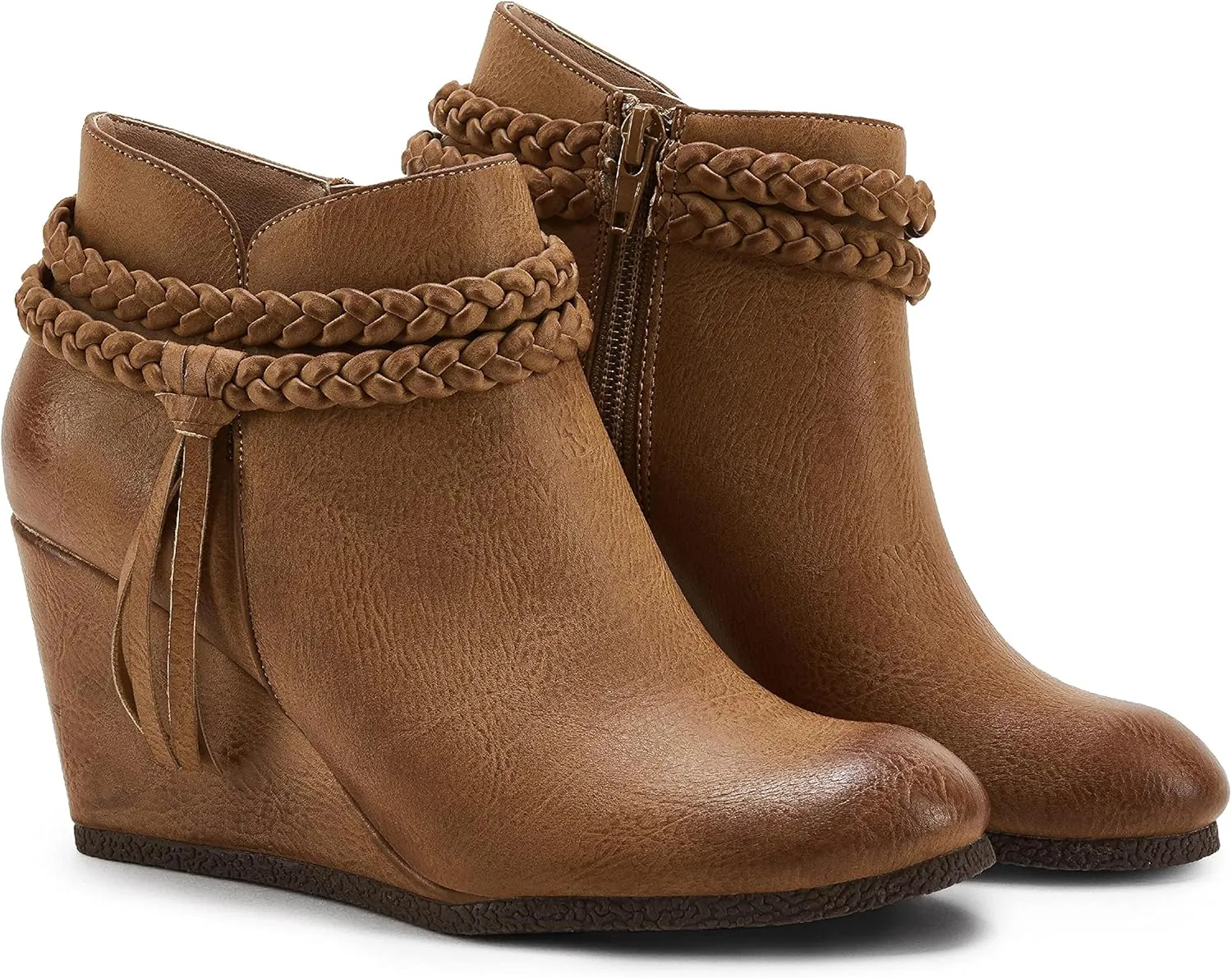 Womens Wedge Ankle Boots Braided Fringe Strap Western Heeled Fall Booties Dress Shoes