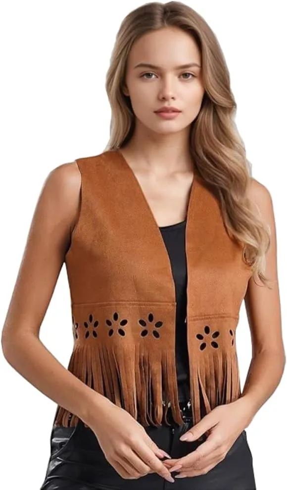 Women's Western Cowgirl Jackets Faux Suede Fringe Trim Sleeveless Cowgirl Tassel Vest Jacket Open Front Waistcoat