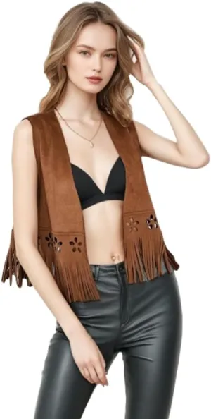 Women's Western Cowgirl Jackets Faux Suede Fringe Trim Sleeveless Cowgirl Tassel Vest Jacket Open Front Waistcoat