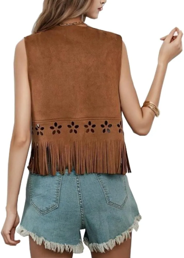 Women's Western Cowgirl Jackets Faux Suede Fringe Trim Sleeveless Cowgirl Tassel Vest Jacket Open Front Waistcoat