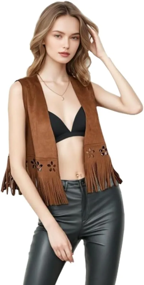 Women's Western Cowgirl Jackets Faux Suede Fringe Trim Sleeveless Cowgirl Tassel Vest Jacket Open Front Waistcoat