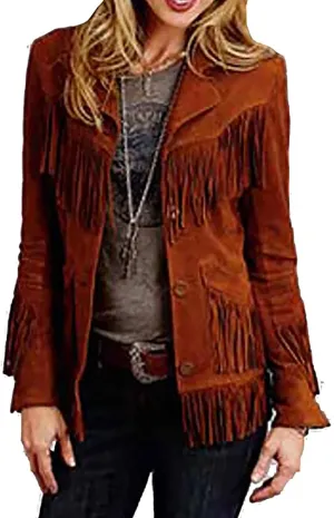 Womens Western Fringed Leather Jacket Classic Fringe Suede Leather Jacket