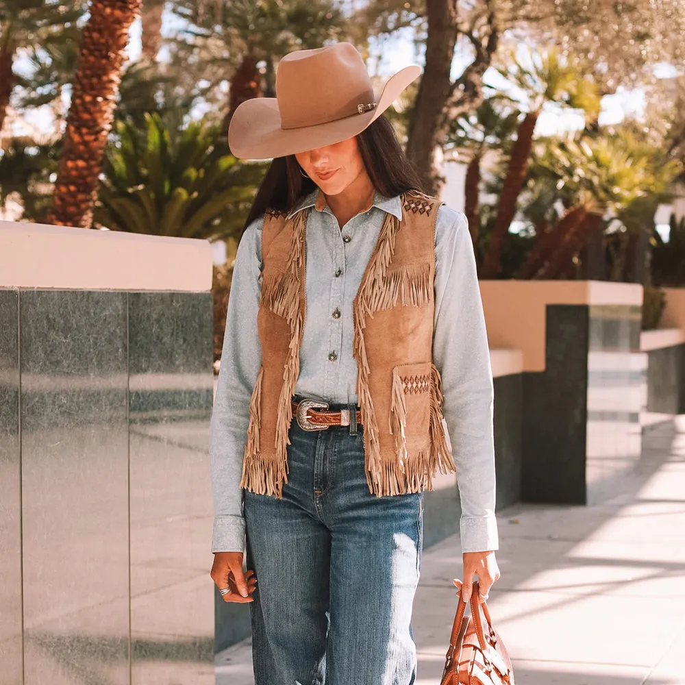 Women's Western Suede Fringe Vest – Camel Brown Leather with Boar Beads