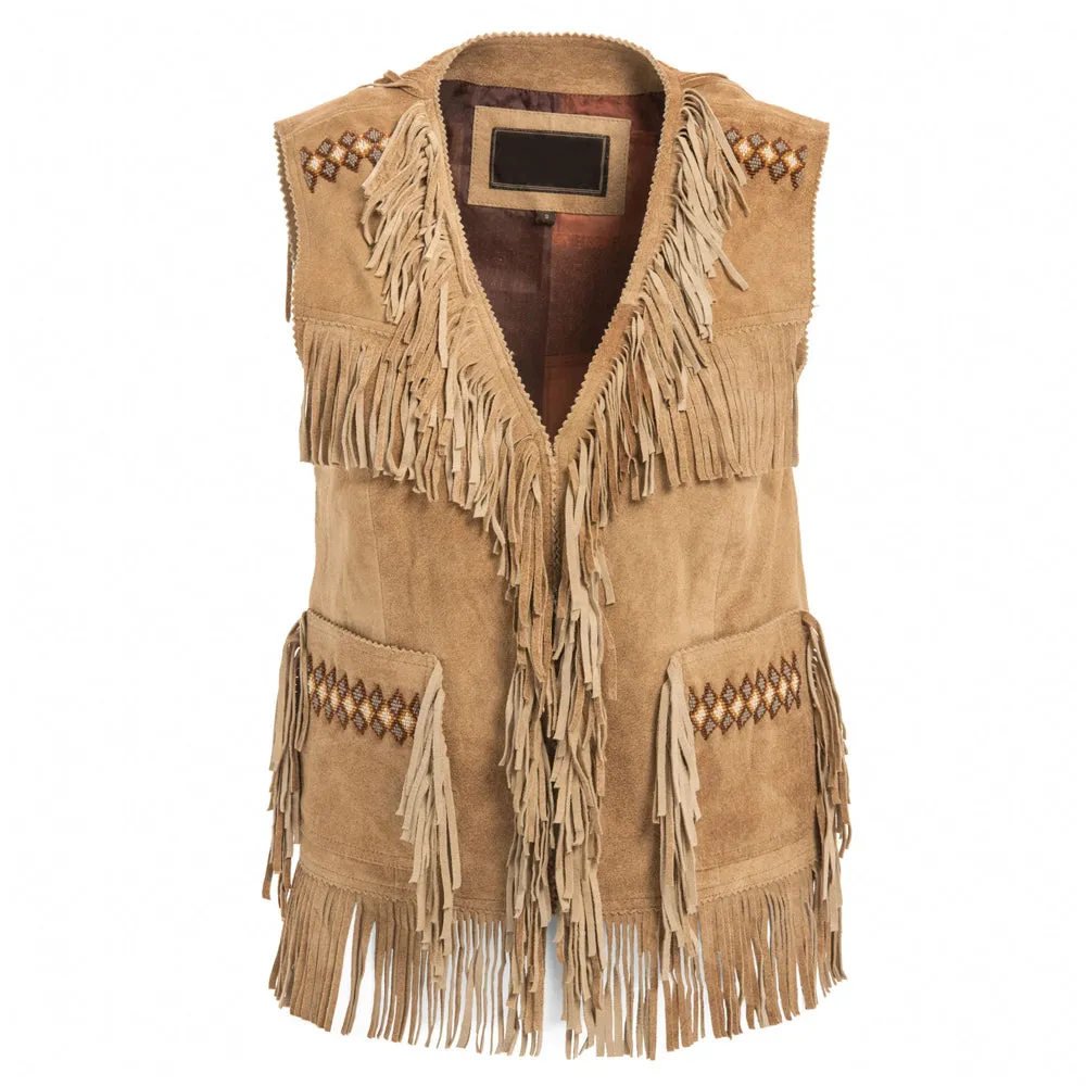 Women's Western Suede Fringe Vest – Camel Brown Leather with Boar Beads