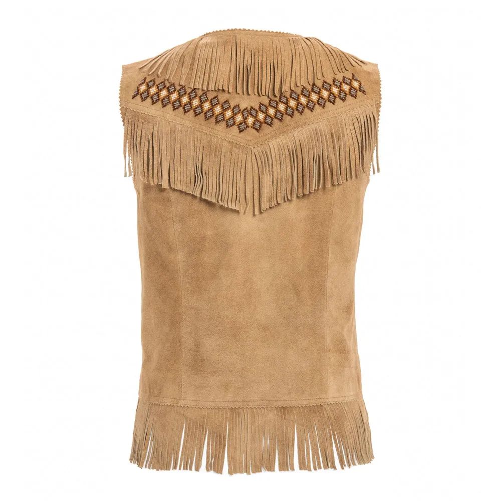 Women's Western Suede Fringe Vest – Camel Brown Leather with Boar Beads