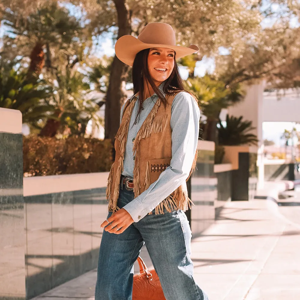 Women's Western Suede Fringe Vest – Camel Brown Leather with Boar Beads