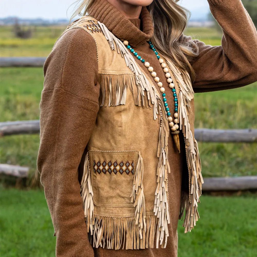 Women's Western Suede Fringe Vest – Camel Brown Leather with Boar Beads