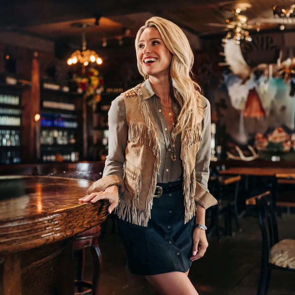 Women's Western Suede Fringe Vest – Camel Brown Leather with Boar Beads