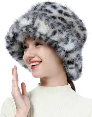 Women's Winter Faux Fur Bucket Hat Fluffy Warm Ladie's Plush Leopard Printed Fisherman Cap