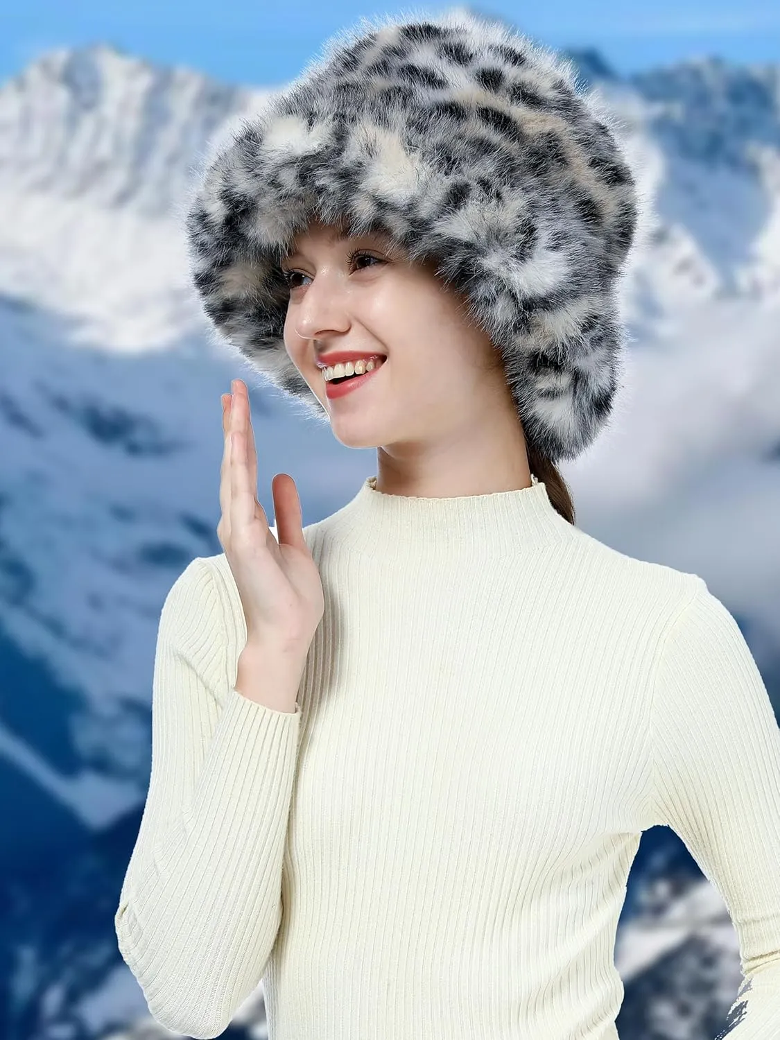 Women's Winter Faux Fur Bucket Hat Fluffy Warm Ladie's Plush Leopard Printed Fisherman Cap