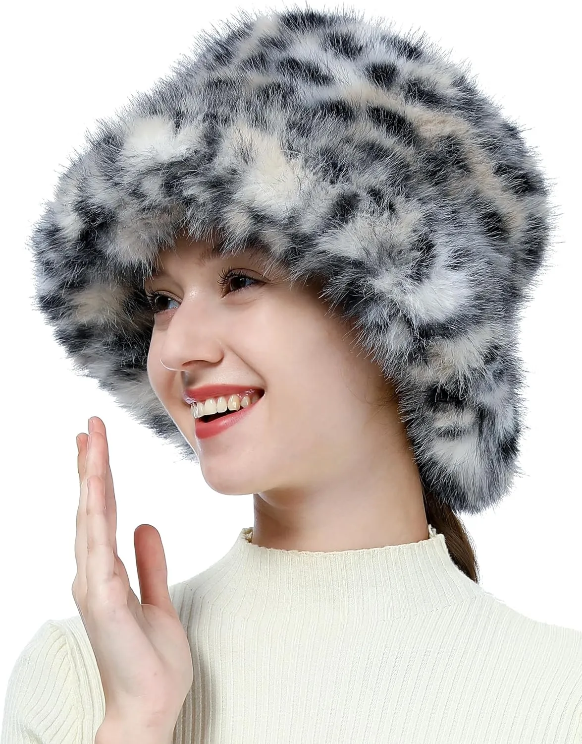 Women's Winter Faux Fur Bucket Hat Fluffy Warm Ladie's Plush Leopard Printed Fisherman Cap
