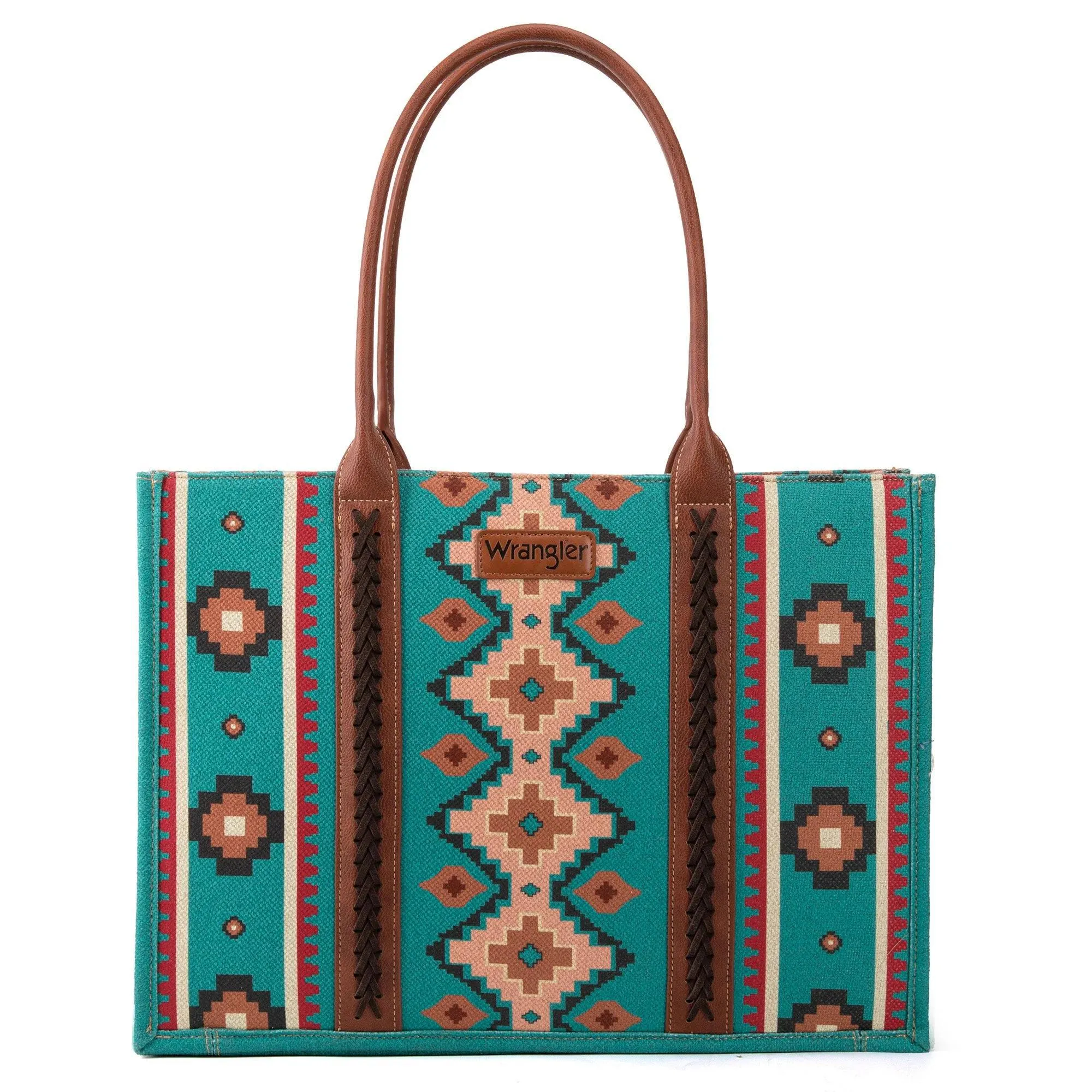 Wrangler Southwestern Pattern Dual Sided Print Canvas Wide Tote - Turquoise - by Montana West