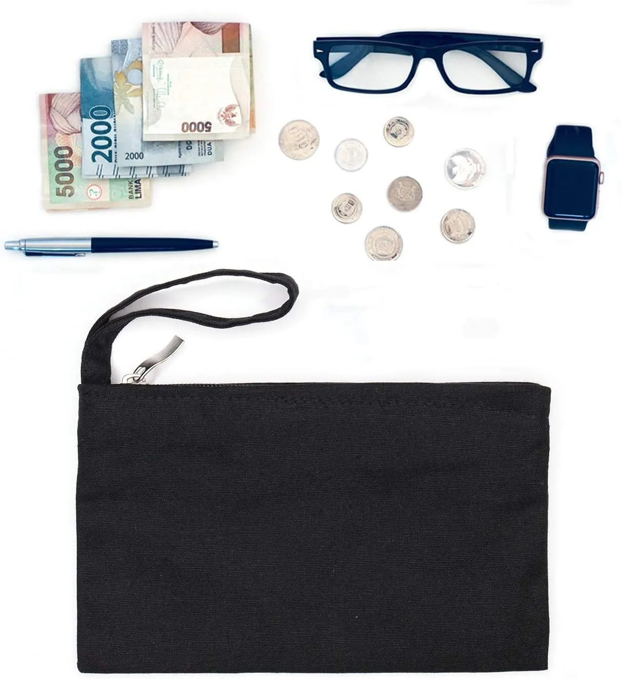 Wristlet Cotton Canvas Zipper Cosmetic Bag Makeup Bags Tool Organizer with Cotton Lining, 5.11"x7.48", Black, Pack of 4