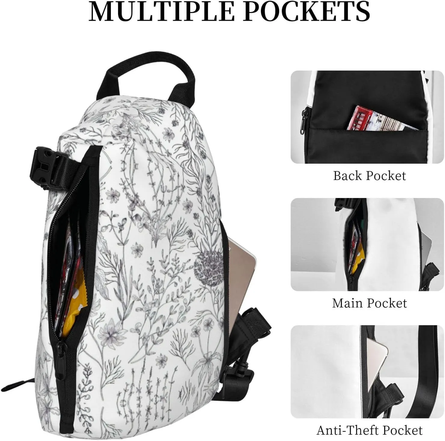 WURTON Flowering Herbs And Herbaceous Plants Print Crossbody Backpack Cross Pack Lightweight Sling Bag Travel, Hiking