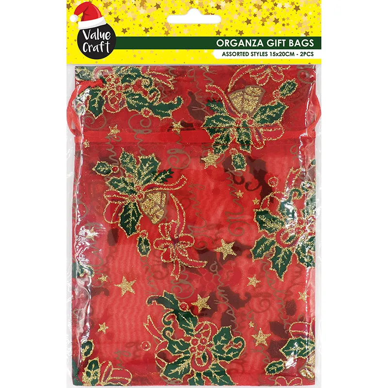 XMAS BAG ORGANZA 15X20CM RED HOLY 2PC