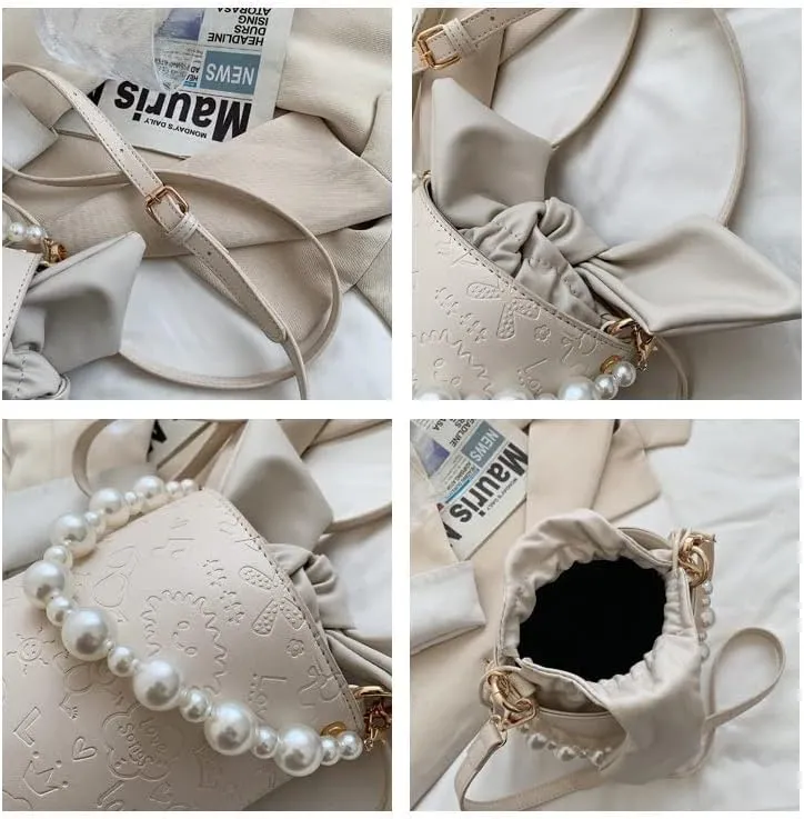 XPONNI Women’s Shoulder Bag Lipstick Bag Crossbody Bags Casual Fashion Bucket Bag with Butterfly Bow Pearls and Pearls