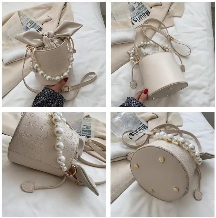 XPONNI Women’s Shoulder Bag Lipstick Bag Crossbody Bags Casual Fashion Bucket Bag with Butterfly Bow Pearls and Pearls